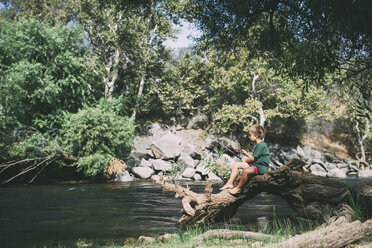 Side view of boy fishing while sitting on fallen tree at lakeshore - CAVF24709