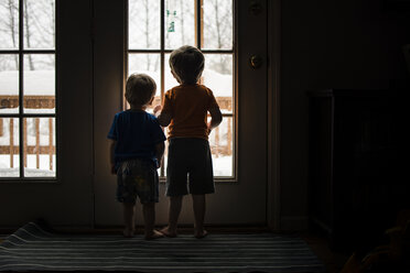Rückansicht von Brüdern, die durch das Fenster schauen, während sie zu Hause stehen - CAVF24734