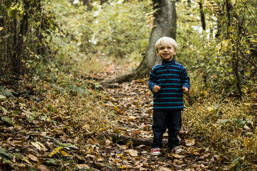 Cute boy looking up while standing on field in forest - CAVF24799