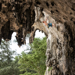 Thailand, Krabi, Lao Liang, barechested climber in rock wall - ALRF01034