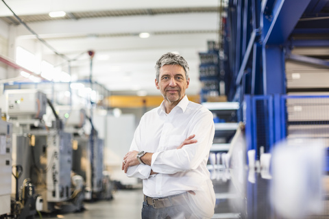 Lächelnder Geschäftsmann in der Produktionshalle, lizenzfreies Stockfoto