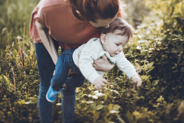 Mother holding son picking plants on field - CAVF25081