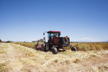 Traktor auf landwirtschaftlichem Feld gegen blauen Himmel - CAVF25140