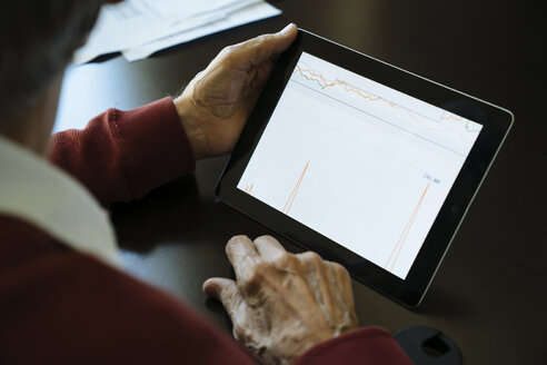Ausgeschnittenes Bild eines älteren Mannes, der eine Grafik auf einem Tablet-Computer im Büro eines Finanzberaters untersucht - CAVF25371