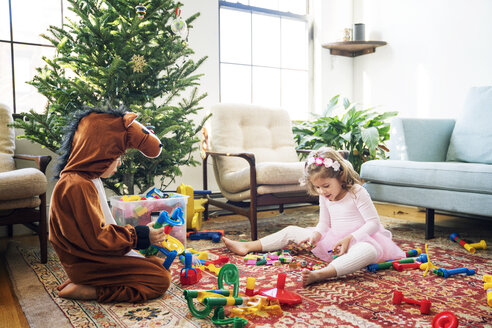 Siblings playing with building blocks while sitting by Christmas tree at home - CAVF25424