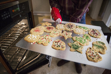 Älterer Mann hält Lebkuchen in einem Backblech zu Hause - CAVF26188