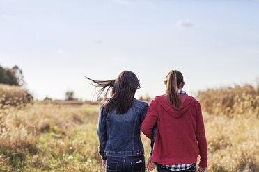 Rückansicht von Schwestern, die auf einem grasbewachsenen Feld gegen den Himmel laufen - CAVF26205