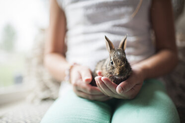 Midsection of girl holding bunny while sitting on sofa - CAVF26439