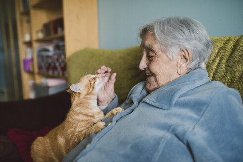 Happy senior woman with tabby cat on the couch - RAEF01987
