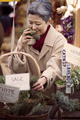 Happy mature woman smelling thyme at farmer's market stall - CAVF26892