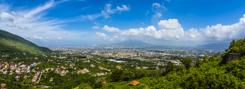 Italy, Campania, Amalfi Coast, Peninsula of Sorrent, Salerno, Corbara, view to Gulf of Naples, Castellammare di Stabia, Pompei, Vesuv in the background stock photo