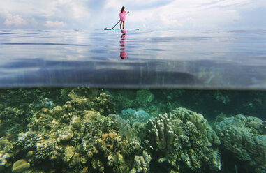 Entfernte Ansicht von Frau Paddleboarding auf dem Meer - CAVF27103