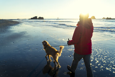 Wanderer mit Golden Retriever beim Spaziergang am Strand von Ruby gegen den Himmel bei Sonnenuntergang - CAVF27114