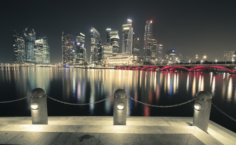 Singapore, Skyline at Marina Bay at night stock photo