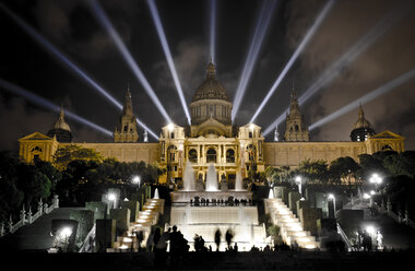 Spain, Bacelona, view to illuminated National Art Museum of Catalonia at night - STCF00560