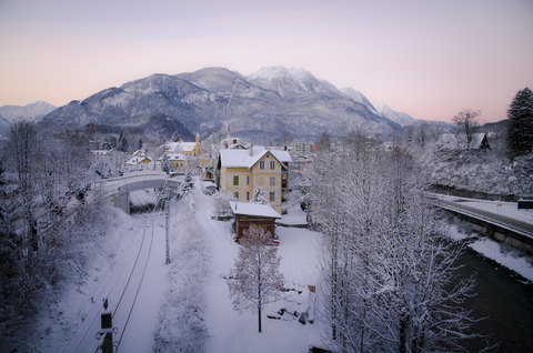 Austria, Salzkammergut, Bad Ischl in winter at daybreak stock photo