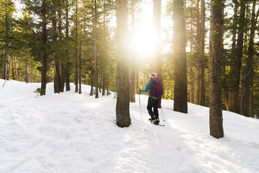 Frau mit Skistöcken in einem verschneiten Wald - CAVF27271