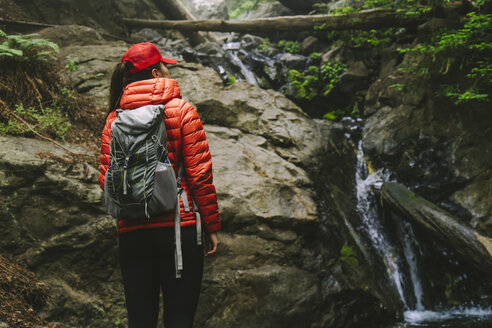 Rückansicht einer Frau mit Rucksack an einem Bach im Wald - CAVF27286