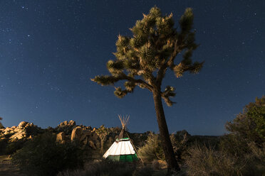 Illuminated Teepee at Joshua Tree National Park against star field - CAVF27392