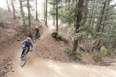 Hochformatige Ansicht von Freunden beim Mountainbiking im Wald bei Lair o - CAVF27414