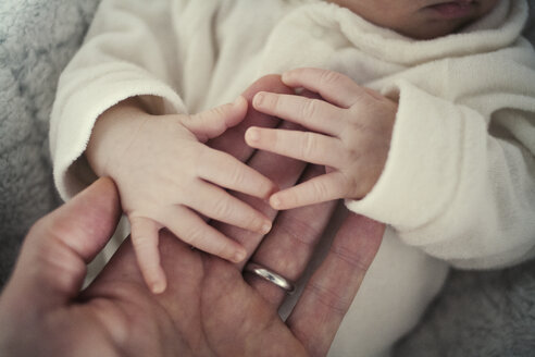 Nahaufnahme eines Babys, das die Hand des Vaters hält, während es im Bett liegt - CAVF27709