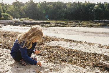 Mädchen sammelt Muscheln, während sie am Strand auf dem Sand hockt - CAVF27735