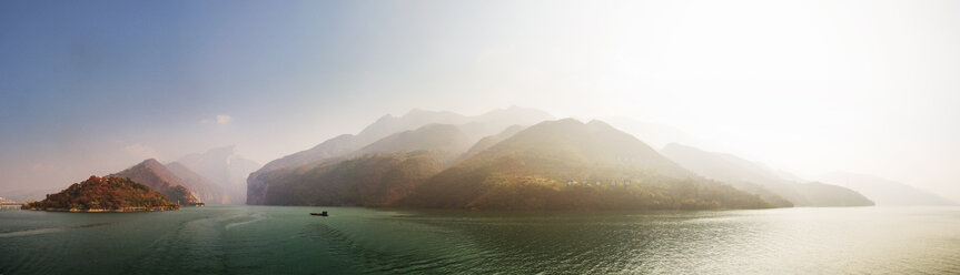 Panoramic view of mountains and river against clear sky - CAVF28081
