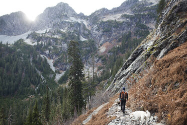 Rückansicht eines Wanderers und eines Hundes, die auf einem Berg spazieren gehen - CAVF28116