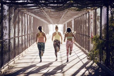 Rückansicht von Sportlerinnen beim Joggen auf einer Brücke an einem sonnigen Tag - CAVF28302