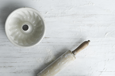 Gugelhupf baking dish and rolling pin stock photo