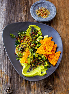 Guacamole mit gegrillten grünen Tomaten, Gurken und Tortilla-Chips - KSWF01832