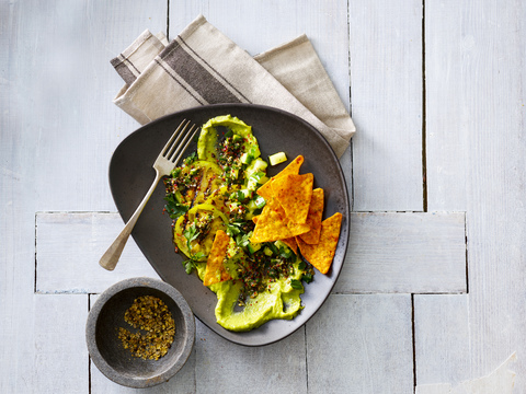 Guacamole with grilled green tomatoes, cucumber and tortilla chips stock photo