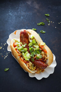 Asiatischer Hot Dog, Bratwurst, pikanter Chinakohl, scharfe Chilisauce, Frühlingszwiebeln, Kresse, Brötchen - KSWF01867