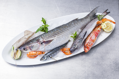 Platter with raw fish and seafood stock photo