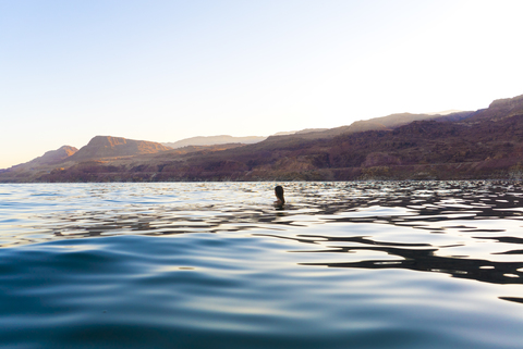 Frau schwimmt im Meer gegen klaren Himmel bei Sonnenuntergang, lizenzfreies Stockfoto