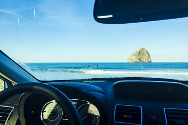 Scenic view of sea against blue sky seen through windshield - CAVF28467