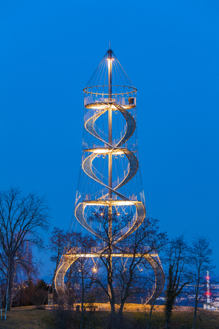 Germany, Stuttgart, illuminated Killesbergturm at blue hour stock photo