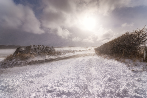 United Kingdom, Scotland, East Lothian, North Berwick, snowdrifts, blocked road stock photo