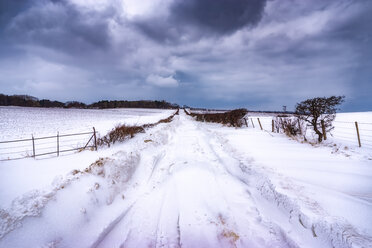 Vereinigtes Königreich, Schottland, East Lothian, North Berwick, Schneeverwehungen, blockierte Straße - SMAF00991