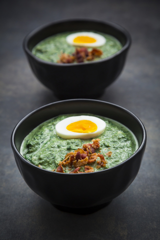 Cream of spinach soup with egg and bacon stock photo