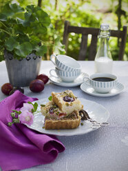 Plum tart on plate, coffee cup and milk on table - FOLF00364