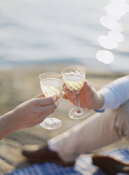 Ehepaar stößt mit einem Glas Champagner am Sandstrand an - FOLF00563