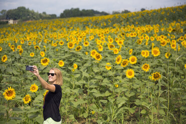 Woman taking selfie against sunflower field - FOLF00591