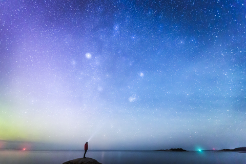 Silhouette of man looking at night sky stock photo