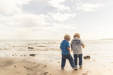 Rückansicht von am Strand spielenden Brüdern gegen bewölkten Himmel - CAVF28529