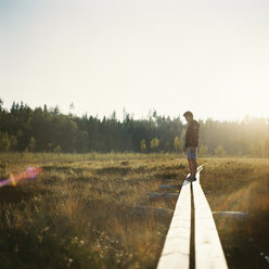 Boy standing on overpass going through meadow towards forest - FOLF01154