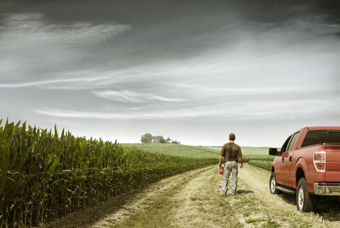 Rückansicht eines Landwirts, der mit seinem Auto auf einem Feld vor einem bewölkten Himmel steht - CAVF28846