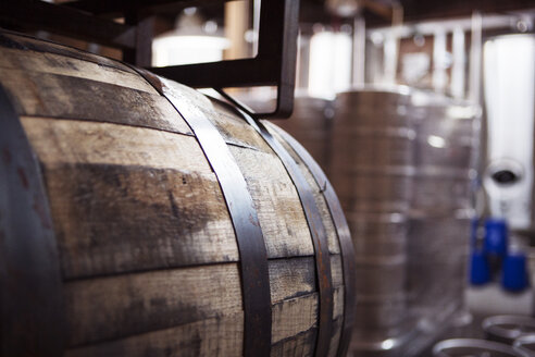 Close-up of barrel at brewery - CAVF28860