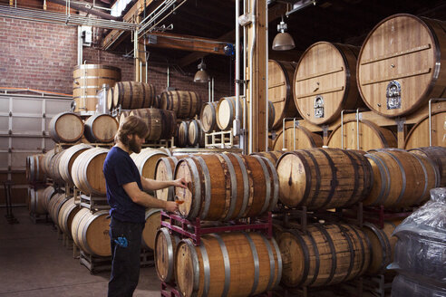 Side view of brewer taking beer from barrel in warehouse - CAVF28870