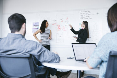 Businesswoman explaining to colleagues in meeting at office - CAVF28985